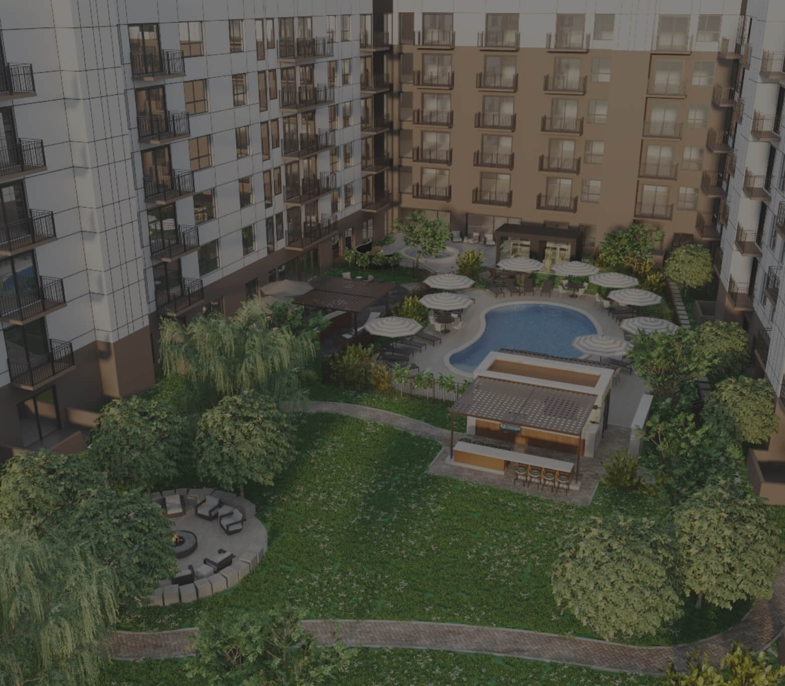 Aerial view of The Winn at Golden Valley courtyard featuring a pool, outdoor seating, bar area, and fire pit