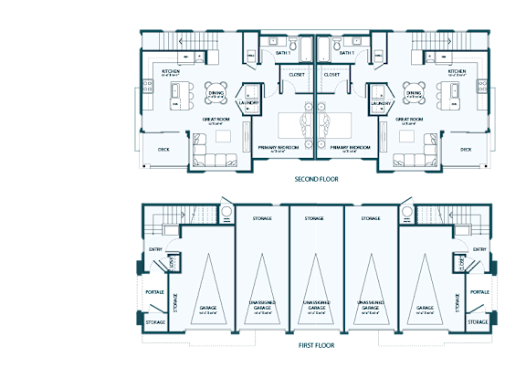 A floor plan of a two-story house with labeled rooms and storage spaces.