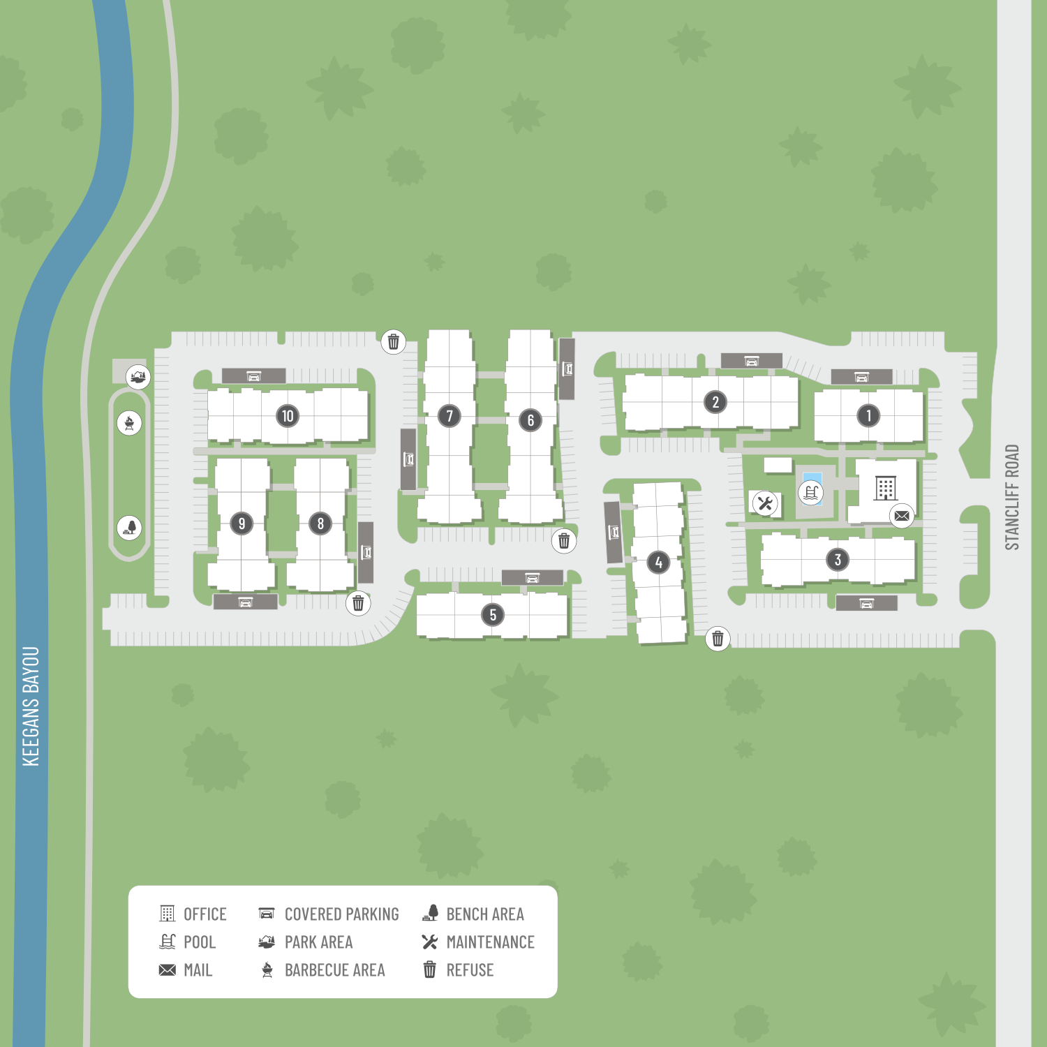 A site map marked by red dots showing unit locations, if available.