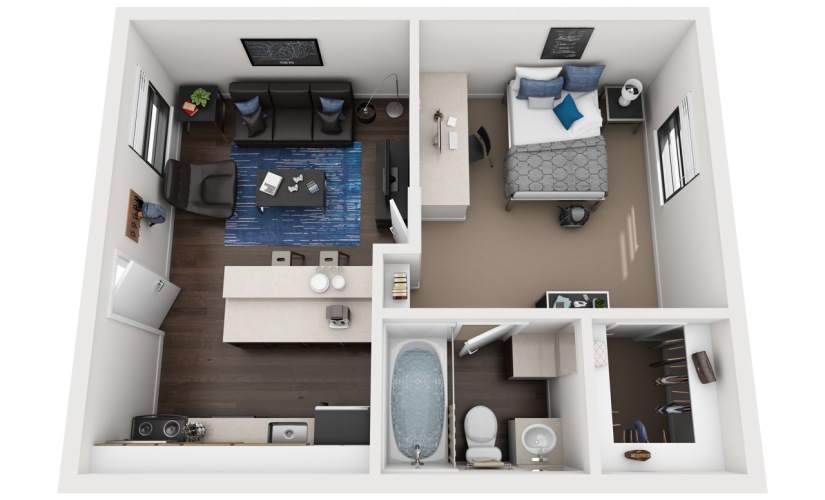 A4 - 1 bedroom floorplan layout with 1 bathroom and 500 square feet