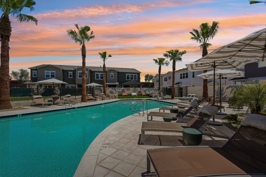 sunset at pool at HARMON Ascend