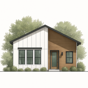 Modern, two-tone house with white siding and brown wood paneling. Black trim, windows, and a dark door.