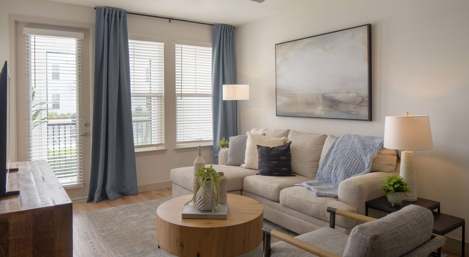a living room with a large window