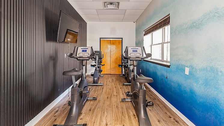 Modern workout room showcasing sleek exercise bikes lined up against a stylish black paneled wall, with a large TV and calming blue gradient decor.