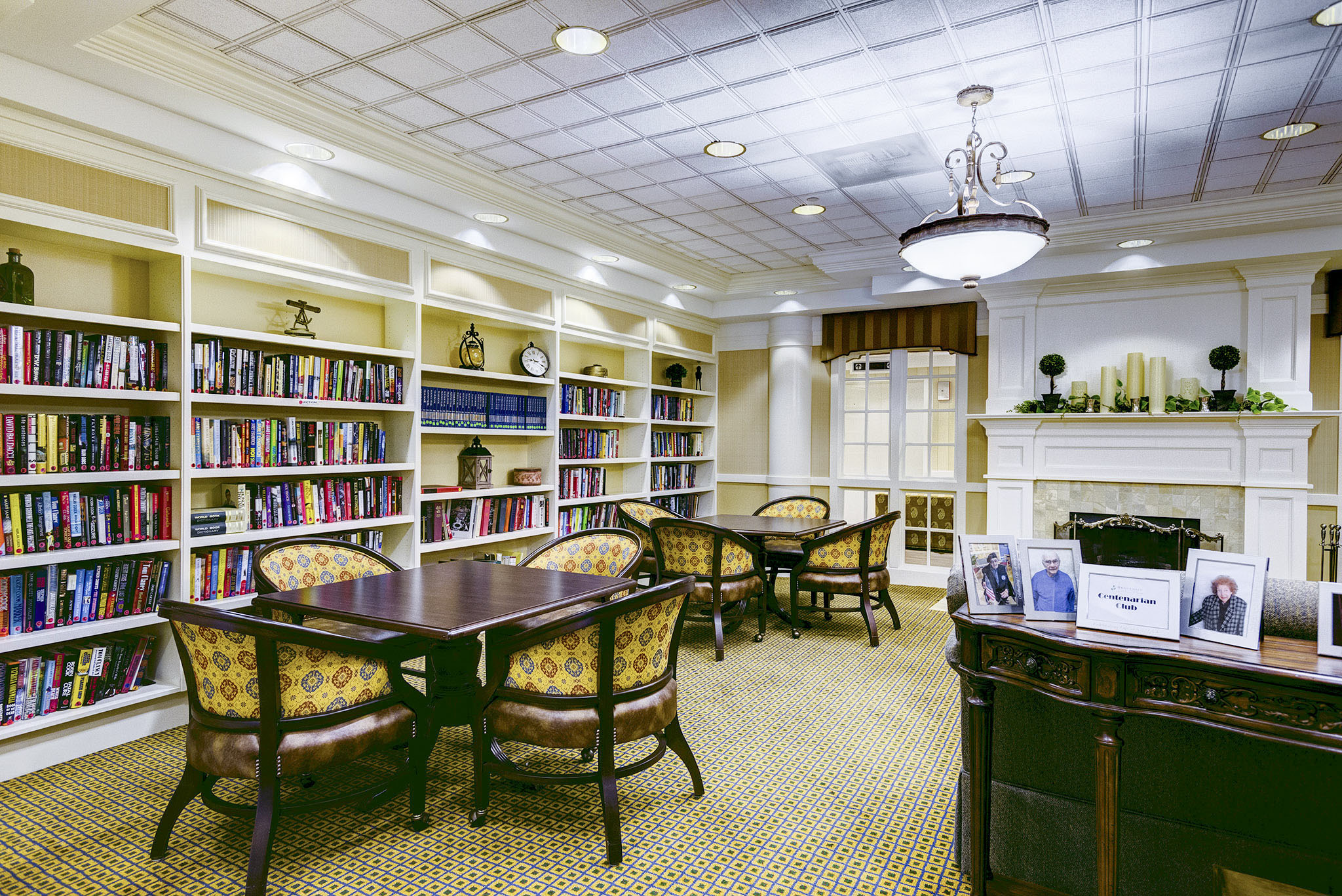 Inspirations of Northbrook library room with seating and games and tables for socializing.