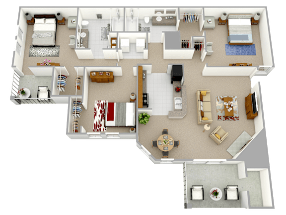 A 3D floor plan of a house showing all the rooms and their layout.