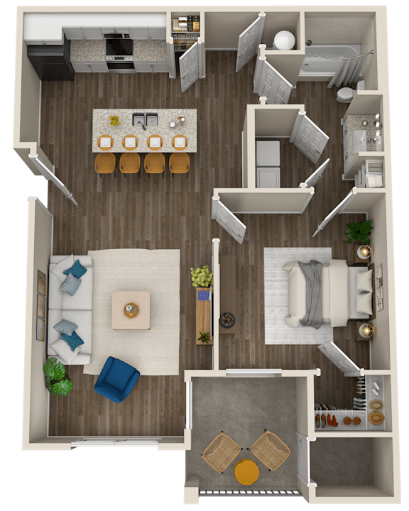 A top-down view of a living room with a couch, coffee table, and kitchen area.