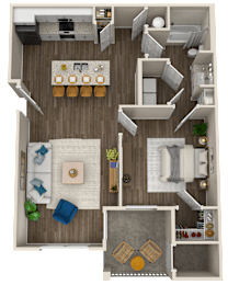A top-down view of a living room with a couch, coffee table, and kitchen area.