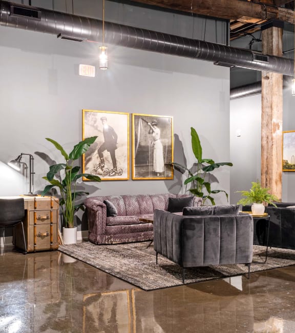 a living room with couches and other furniture in a loft
