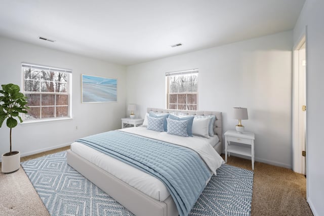 Master bedroom with a king-size bed, blue bedding, and two nightstands.