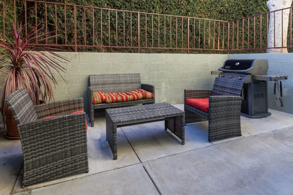 Social area with BBQ grills of The Diplomat in Studio City, California
