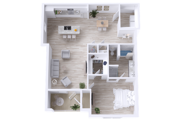Charming floor plan featuring one bedroom, an open living area, modern kitchen with island, and patio access. Includes walk-in closet and laundry room.