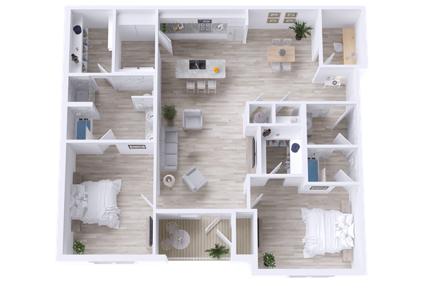 Modern floor plan featuring 2 bedrooms, open-concept living room, gourmet kitchen, computer room, and two baths, with a spacious patio/balcony for outdoor living.
