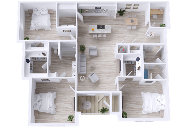 Spacious 3-bedroom floor plan featuring open kitchen, two baths, cozy computer room, and private patio/balcony.