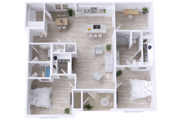 Inviting floor plan showcasing 2 spacious bedrooms, a study, and an open-concept kitchen and living area with access to a patio