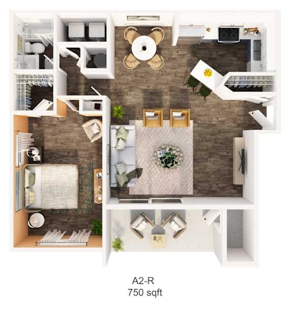 A 3D rendered image of a house layout.