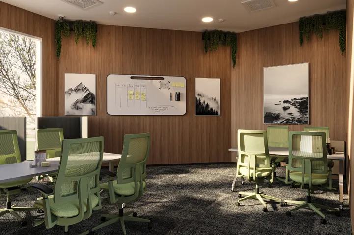 Modern office space with green ergonomic chairs, sleek wooden walls, and a collaborative whiteboard setup under stylish lighting.