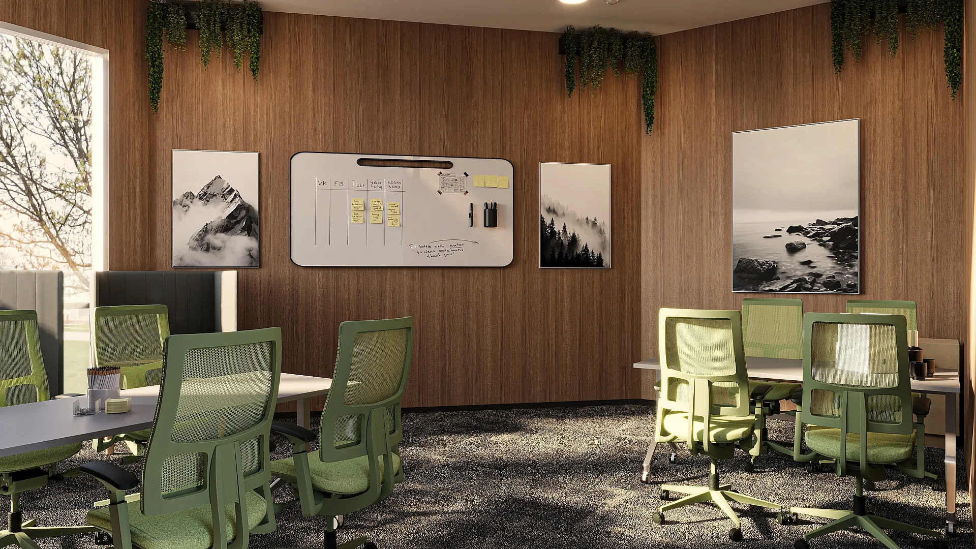 Inviting modern meeting room with sleek green chairs, wooden walls, and inspiring nature art at our apartments in Fort Collins, CO.