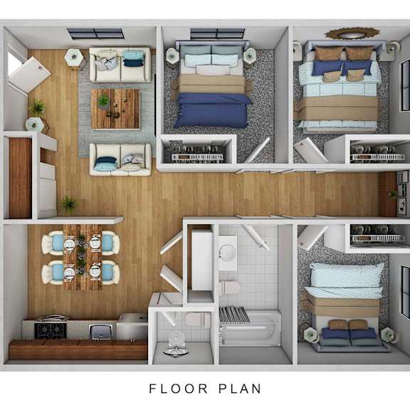 A floor plan of a small apartment with two bedrooms, a living room, a kitchen, and a bathroom.