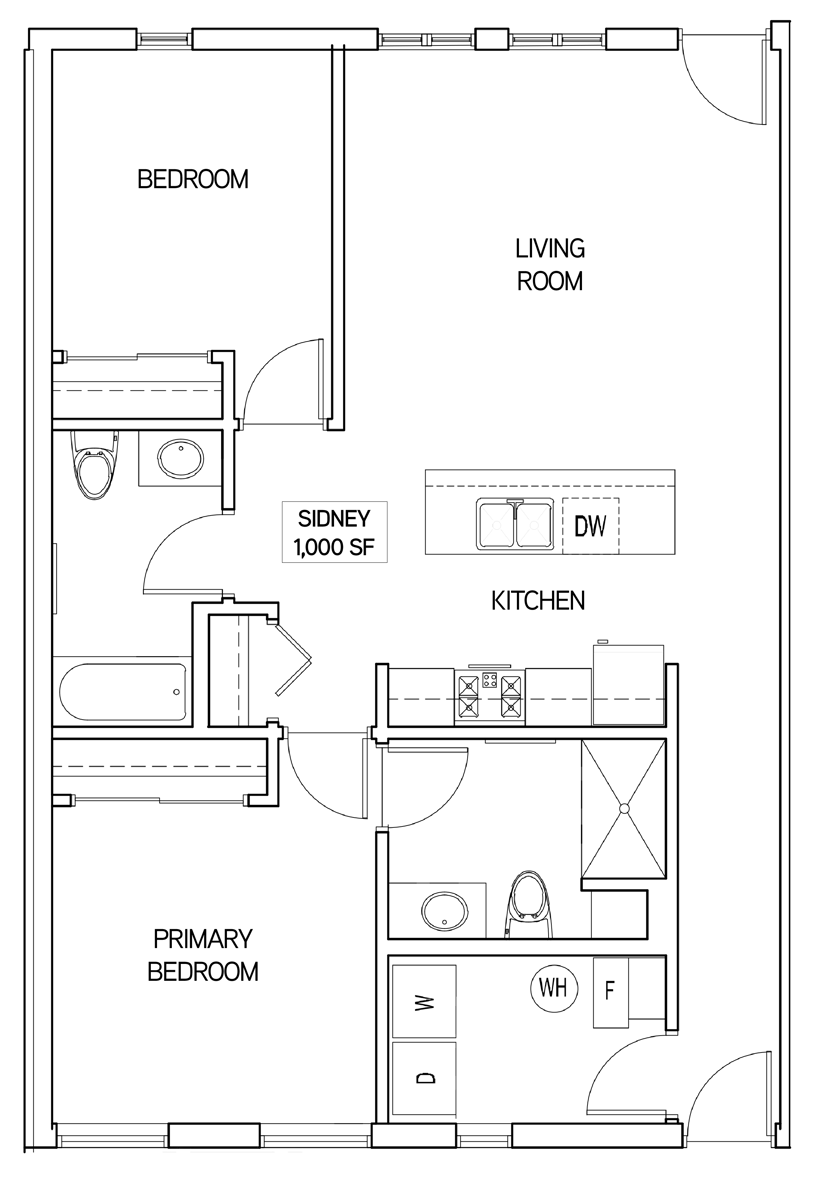 A floor plan diagram of an apartment with labeled areas including bedroom, living room, kitchen, and primary bedroom. Dimensions and annotations are provided.