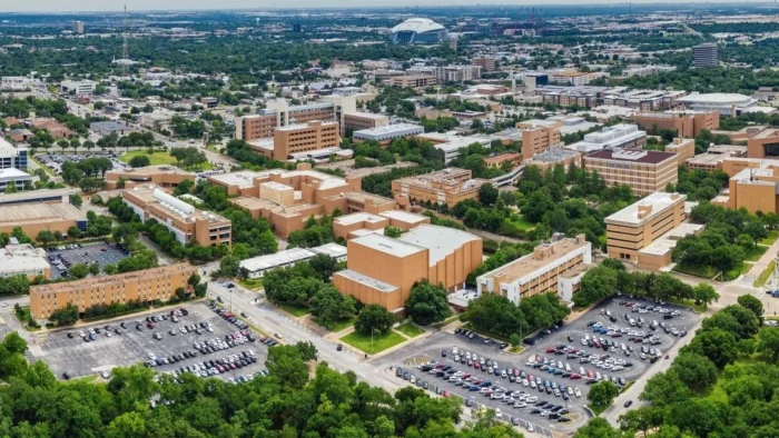 Aerial view of UTA campus near L'Abri apartments in Arlington