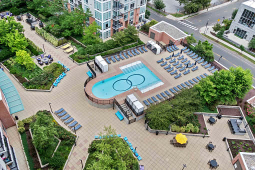 aerial view of pool and courtyard