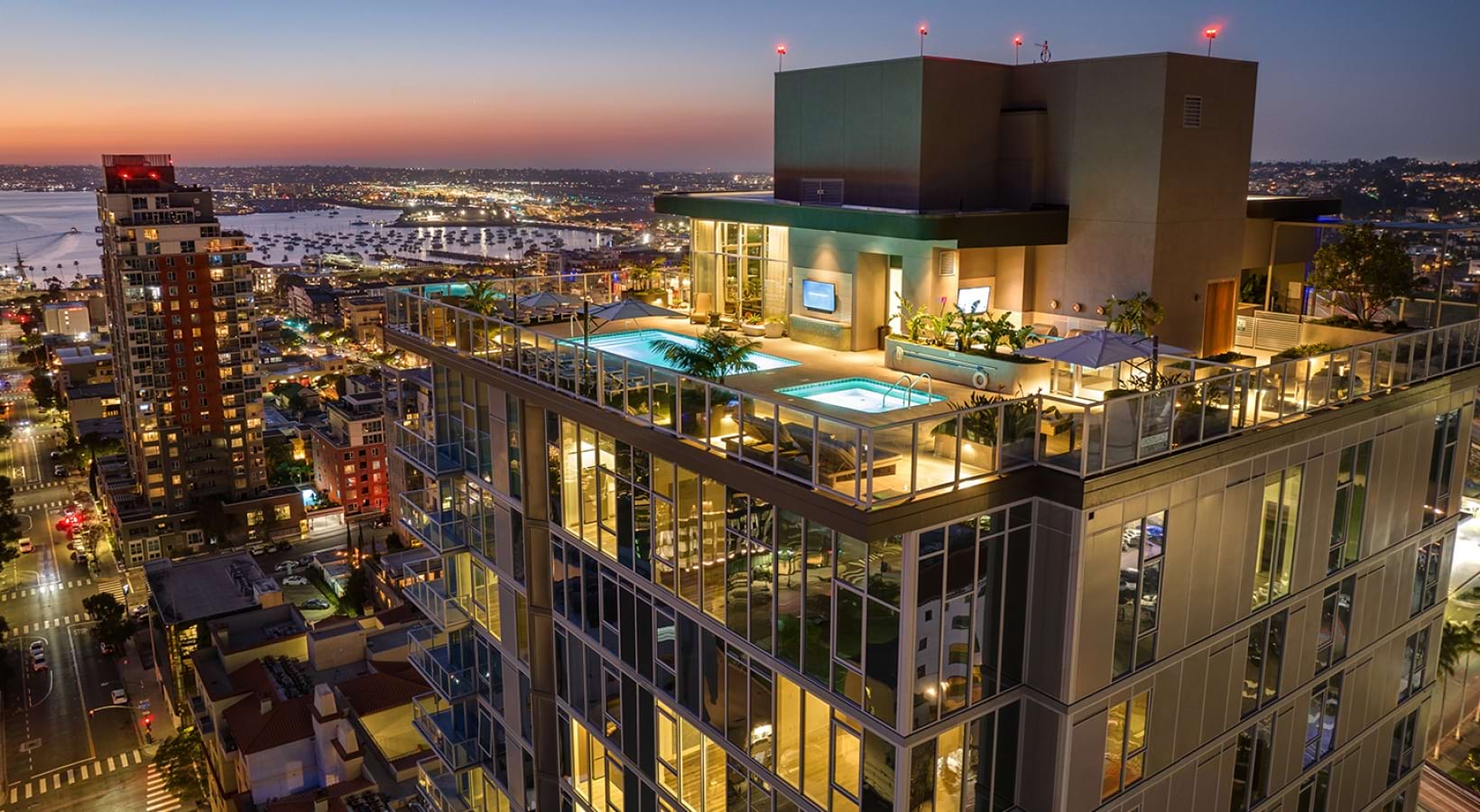 Rooftop Exterior at Night with Views of San Diego Bay