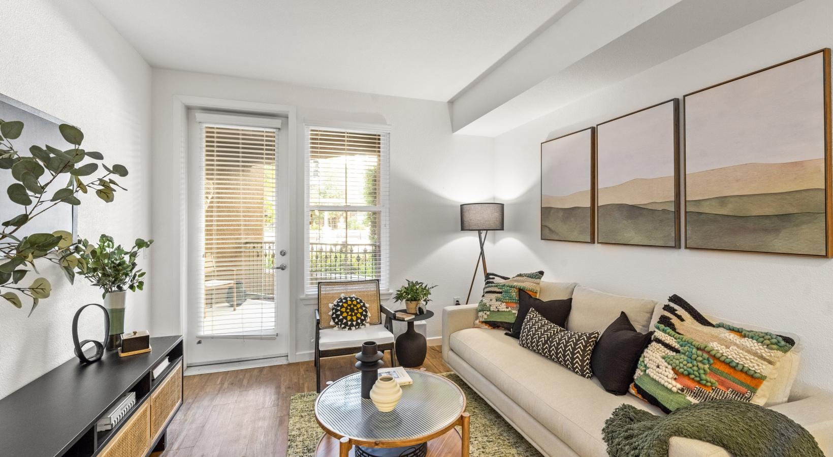 a living room with a couch and a coffee table