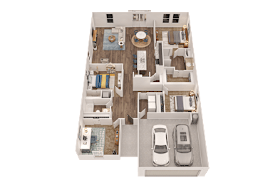 A floor plan of a house with a garage and a swimming pool.