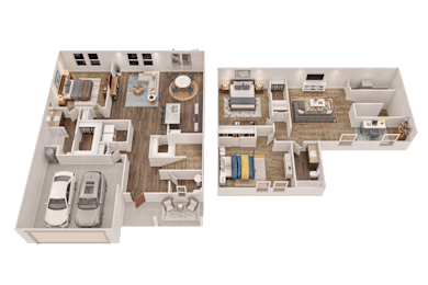A 3D floor plan of a two-bedroom apartment with a garage.