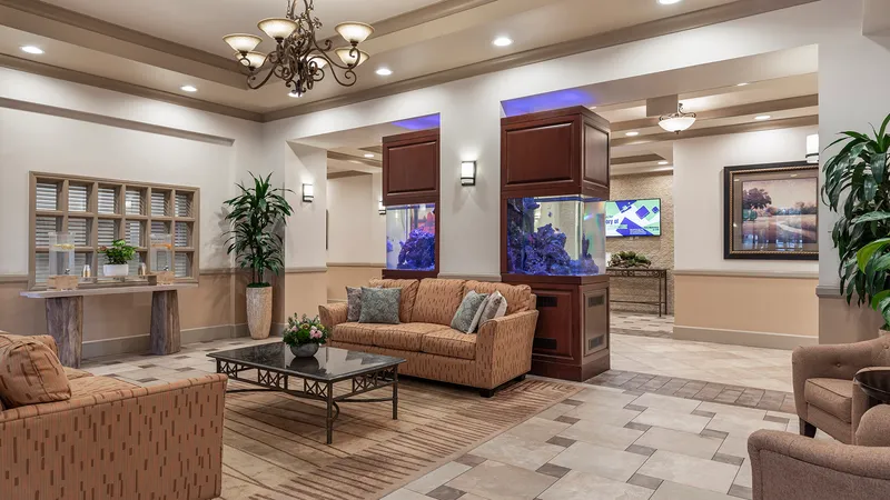 Community indoor entrance showing the aquarium