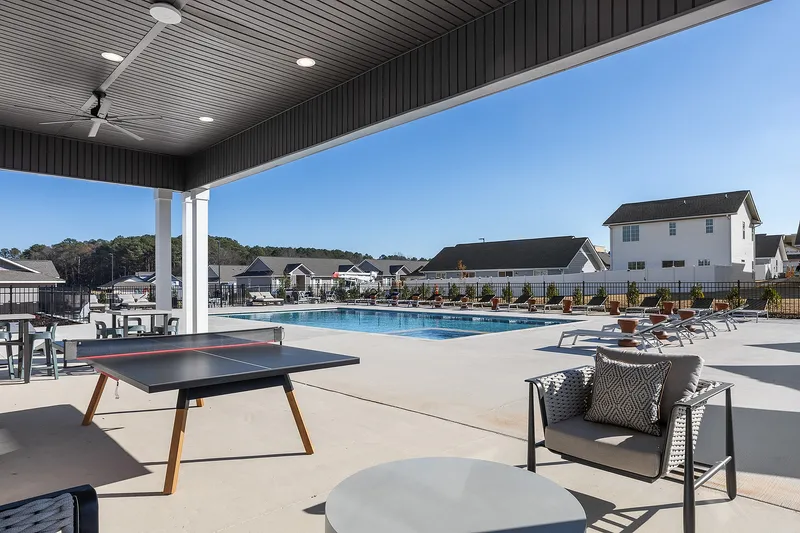 Outdoor ping pong table and swimming pool with hot tub