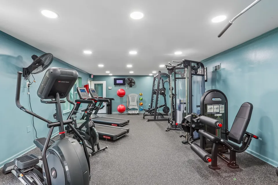 Contemporary fitness center equipped with treadmills, exercise bikes, and strength training machines, perfect for a healthy lifestyle.