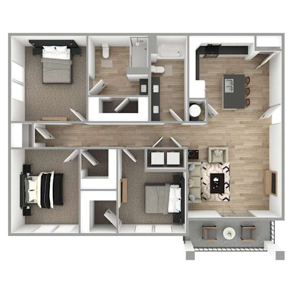 The Grande at Geyser Falls 3-Bedroom Apartment. It is a top-down view, featuring carpeted bedrooms and light brown luxury vinyl tile floor. Kitchen features stainless steel appliances and an island.