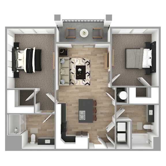 Floor Plan The Grande at Geyser Falls 2-Bedroom Unit 2 Apartment. It is a top-down view, featuring carpeted bedrooms and light brown luxury vinyl tile floor. Kitchen features stainless steel appliances and an island.