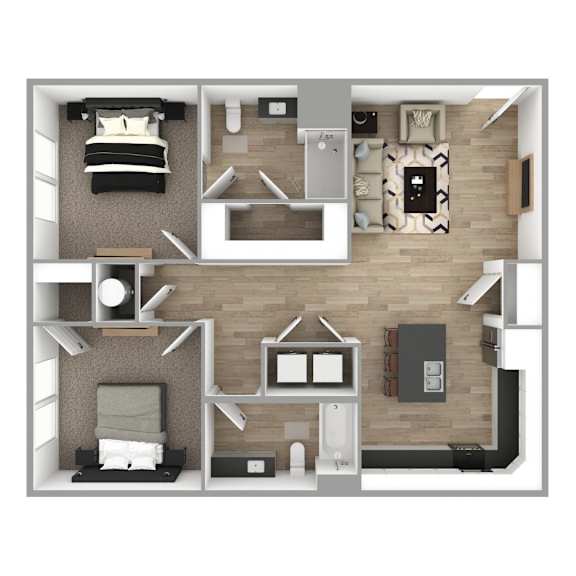 The Grande at Geyser Falls 2-Bedroom Unit 1 Apartment. It is a top-down view, featuring carpeted bedrooms and light brown luxury vinyl tile floor. Kitchen features stainless steel appliances and an island.