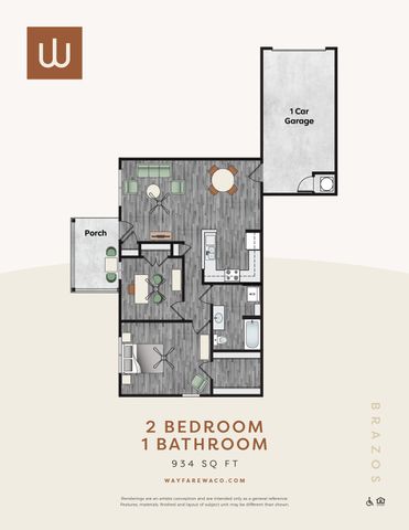 Modern 2 bedroom, 1 bathroom floor plan with an open-concept living area, stylish kitchen, and porch, totaling 934 sq ft. Includes convenient 1 car garage.