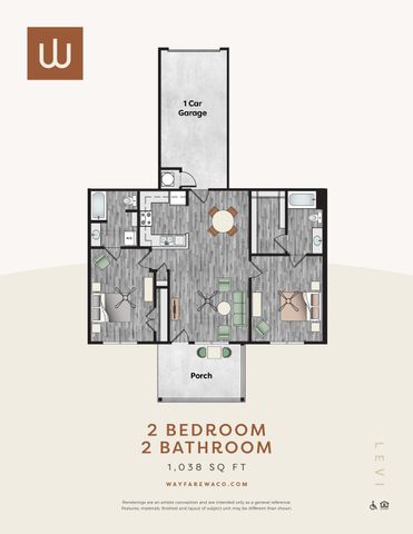 Modern 2D floor plan showcasing 2 bedrooms, 2 bathrooms, an open living room, and a cozy porch, spanning 1,038 sq ft with a 1-car garage.