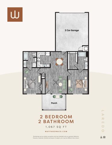 Modern floor plan showcasing 2 bedrooms, 2 bathrooms, spacious living area, and a 2-car garage. Includes a cozy porch, stylish design, and efficient layout at 1,067 sq ft.