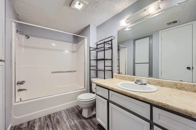 Bathroom with a shower, toilet, and vanity with a sink and mirror.