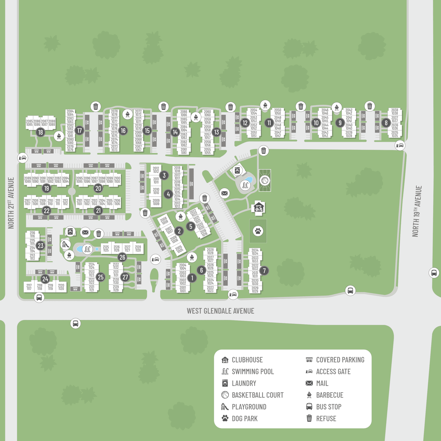 A site map marked by red dots showing unit locations, if available.