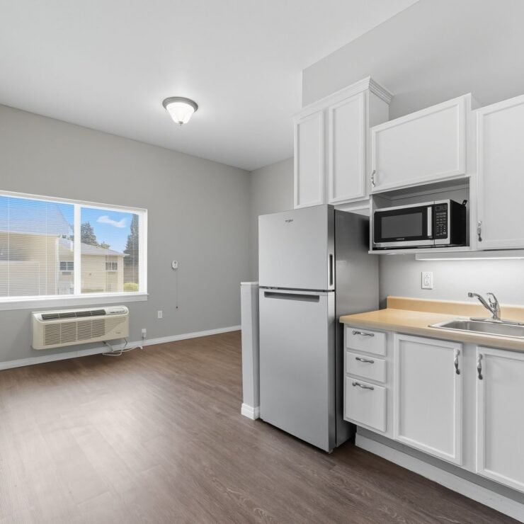 Sunlit kitchen area with modern appliances and ample space for comfortable living.