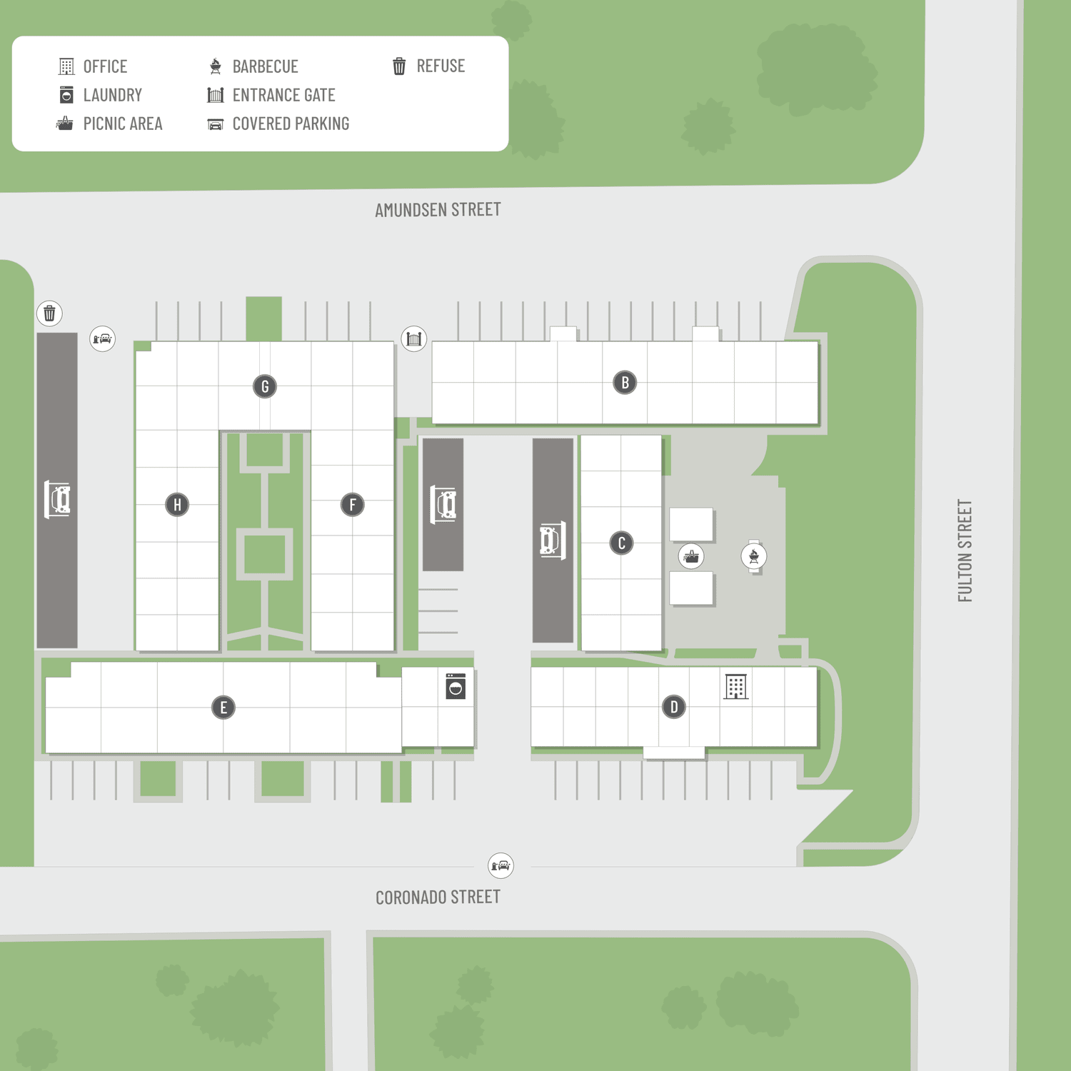 A site map marked by red dots showing unit locations, if available.