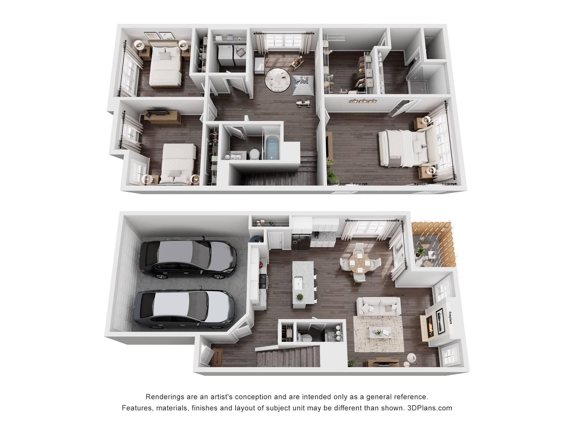 A 3D floor plan of a house with two bedrooms, a living room, a kitchen, and a garage.