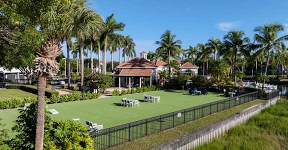 a lawn with palm trees and a house in the background
