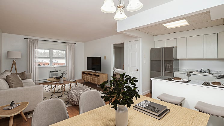 Inviting open-plan living area with modern kitchen, cozy seating, and abundant natural light complemented by elegant decor.