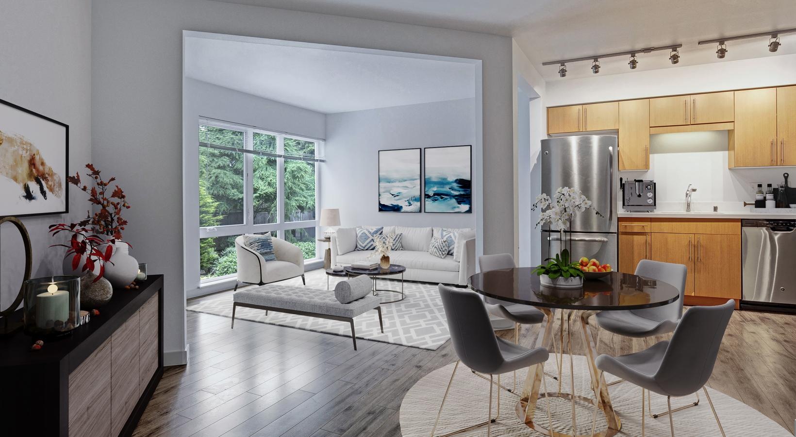 a kitchen and living room