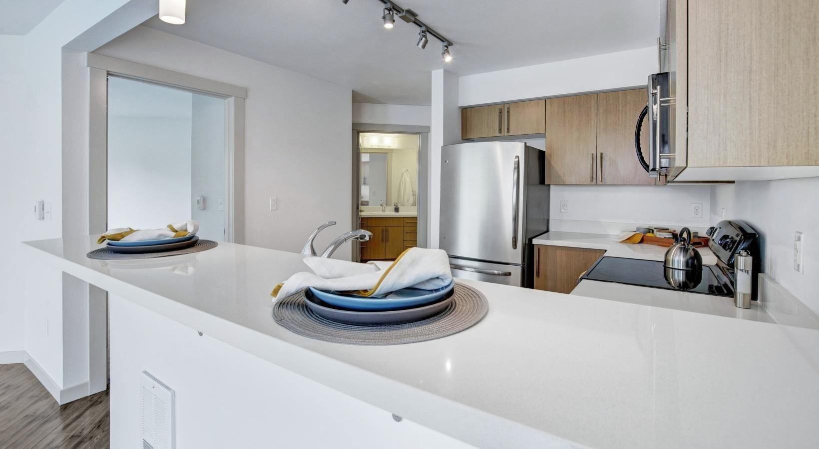 a kitchen with a large island