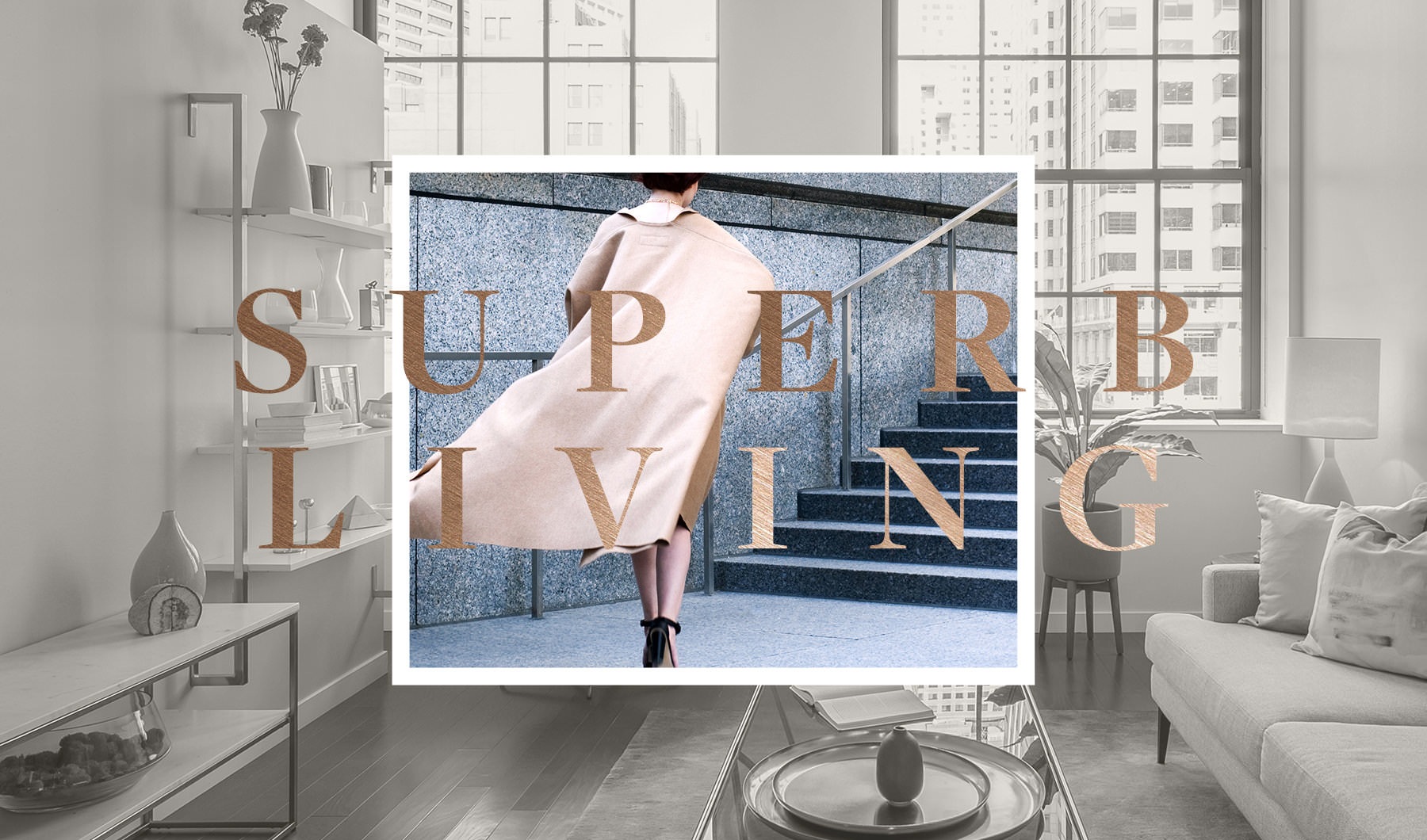 Superb Living title over living room and well dressed woman