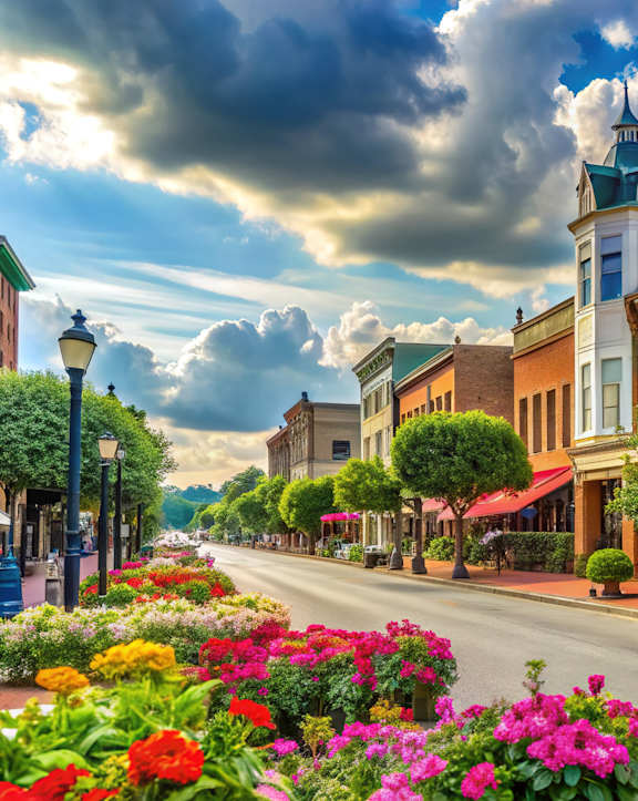 A street view of a town with buildings, flowers, and a cloudy sky.